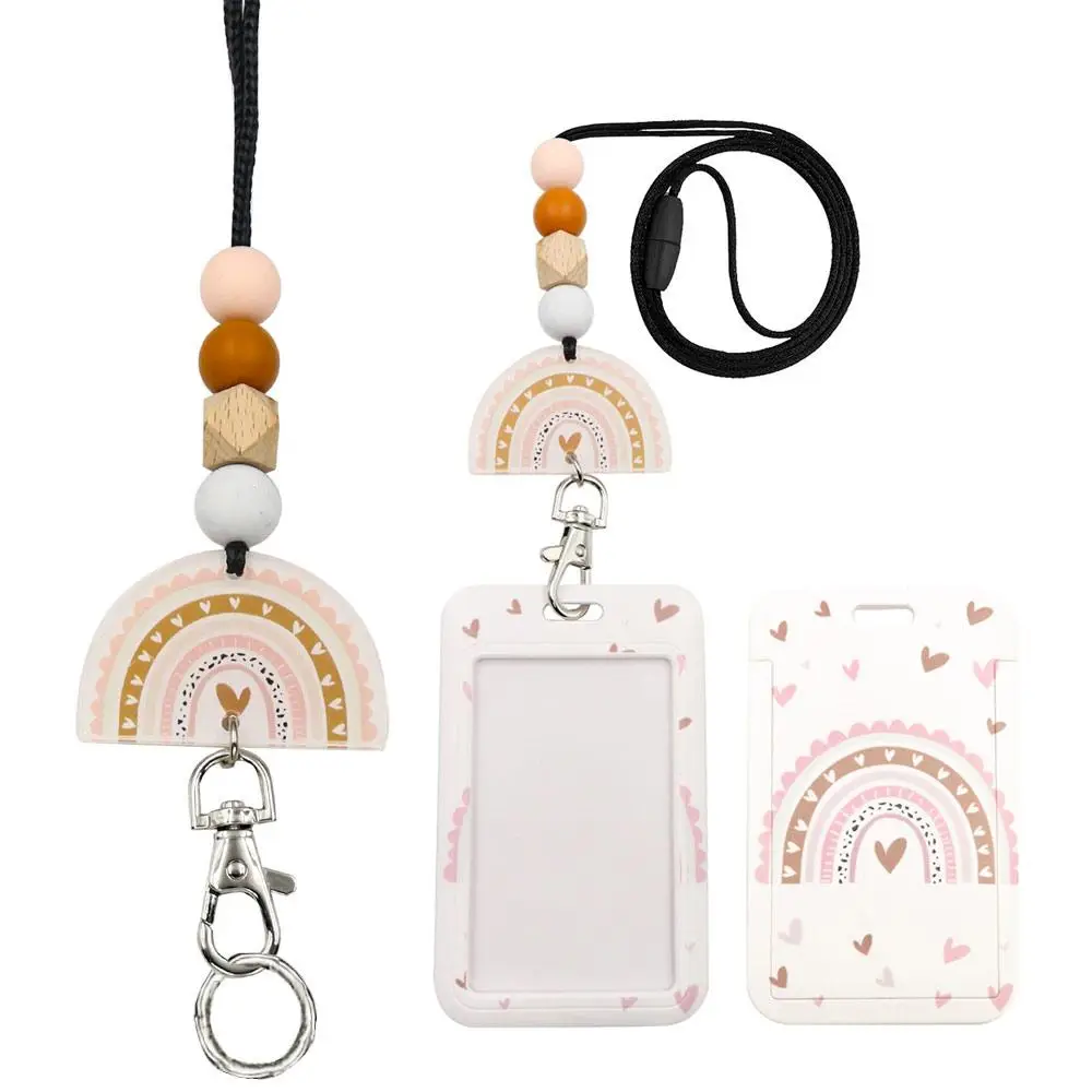 Cute Beaded Decor Business Card Holder with Lanyard, 1 Set Retractable Badge Holder, Portable ID Badge Holder, Business Card Holder for Women, Office