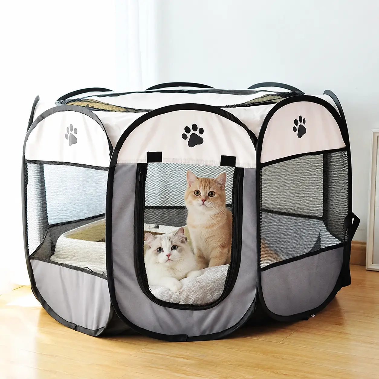 Pet Playpen Tent Octagonal Portable - 8-Panel Foldable Dog Cat Enclosure with 360° Breathable Mesh & Removable Zippered Top, Indoor Outdoor Exercise Pen for Small Animals Puppy Kitten Rabbit, Up to 25lbs
