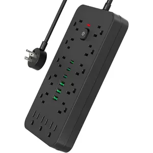 Surge Protector Power Strip 10 FT Flat Plug, 1875W/10A, 13 Multiple AC Outlets with 3 USB-A 3 USB C,    Button, for , Office, or Travel Use. Black
