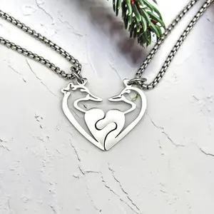 Mallard Duck Couples Necklaces Matching Heart Interlocking Stainless Steel Jewelry