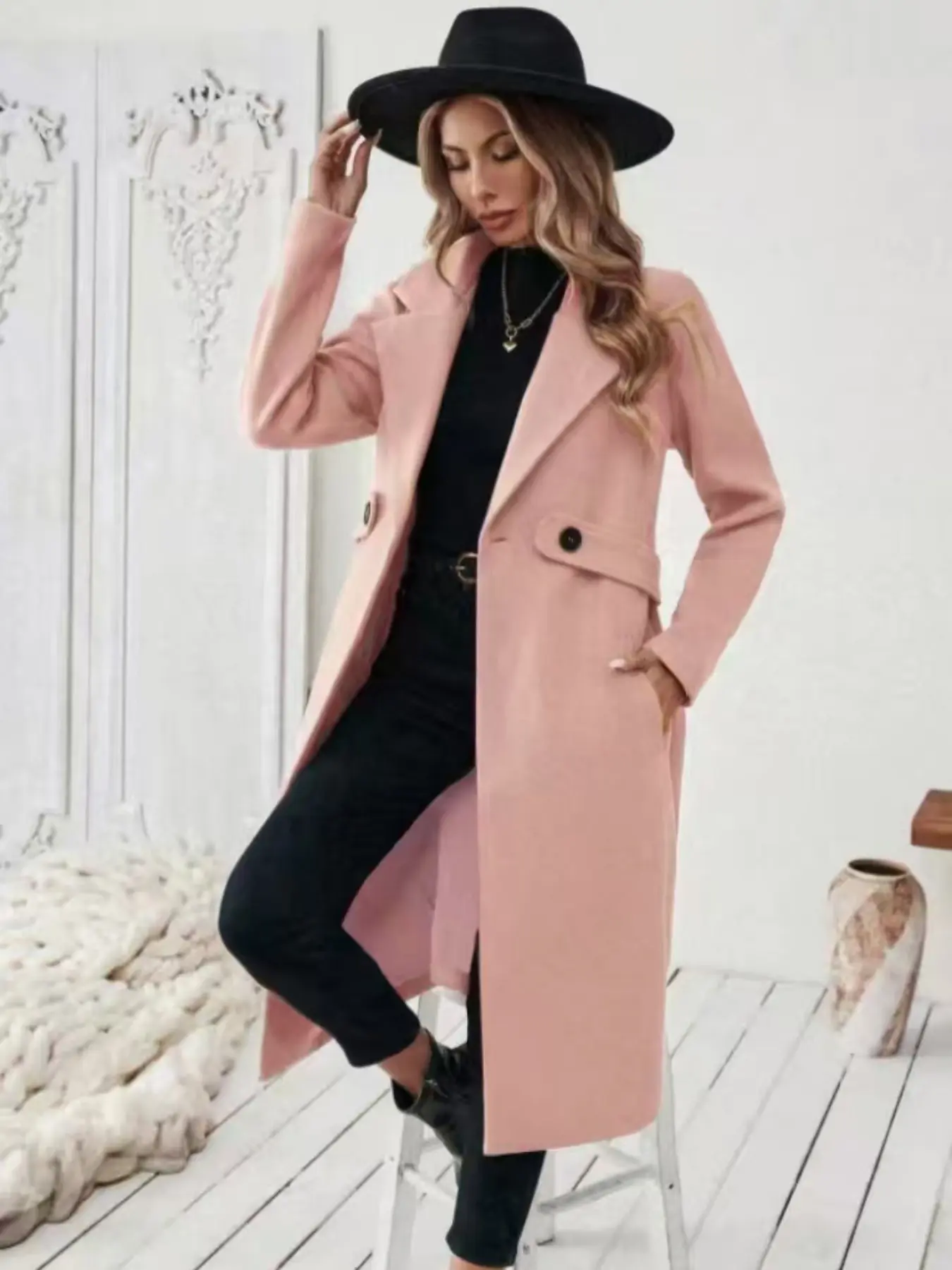 Elegant Women's Long Coat, Womenswear Classic Simple Style Lapel Button Waistcoat, Vintage Fashion Slimming Warm Outerwear, Versatile Winter Jacket Long Sleeves, Collared, Woven, Casual, Lady, Solid Color Overcoat