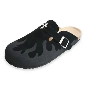 EVELLYHOOTD Men's Suede Leather Clogs, Minimalist Slip-On Mules, Round Toe Cork Footbed, Skull / Flame Cross for Streetwear & Daily Wear