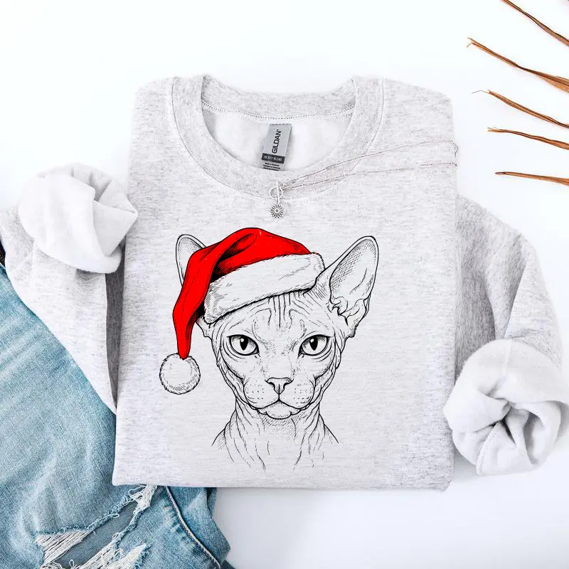 Sphynx, Santa, Cat, Christmas, Cat Lover, Pet Sweatshirt, Crew Neck, Women's, Crewneck Pullover Soft Unisex Womenswear