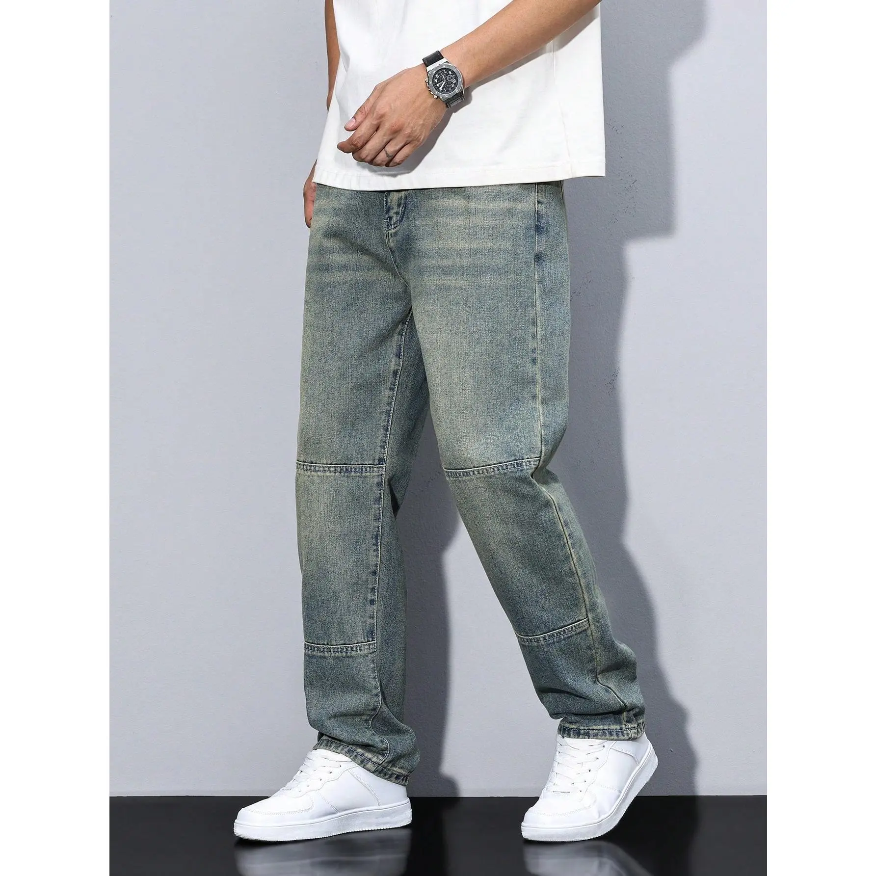 Manfinity Homme Men's Fashionable Simple Casual Denim Jeans, Suitable For Outdoor Recreation, Plain Long Distressed Straight Leg Light Blue Cargo Jeans, For Husband, Boyfriend Gifts
