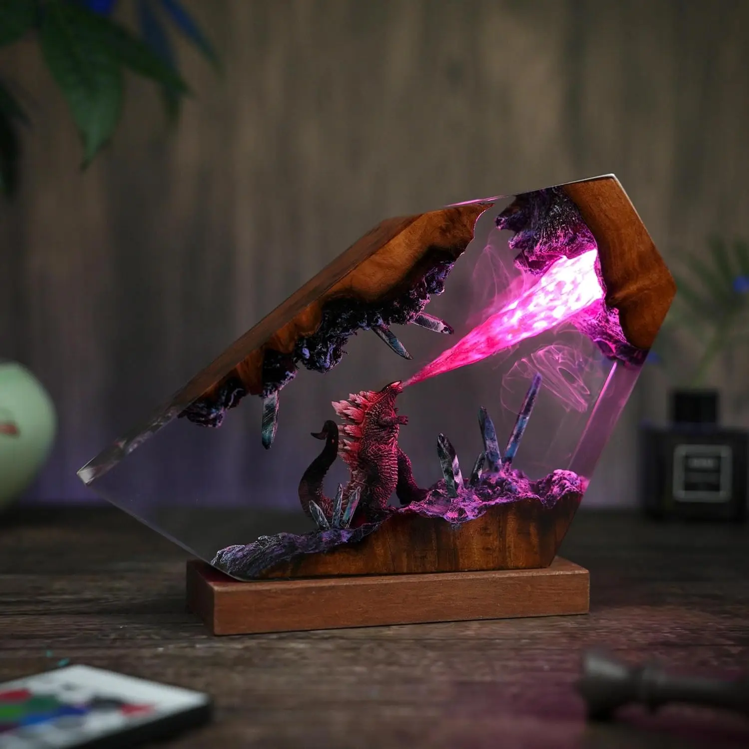 Godzilla Color Changing Nightlight - Handcrafted Resin LED Glow Sign with Wood Base, USB-Powered Dimmable Lamp, Indoor Use Bedroom Decor, Thoughtful Gift for Fans