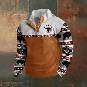 Men’s autumn 3D printed Western-style denim polo sweater with a stand-up collar and buckle