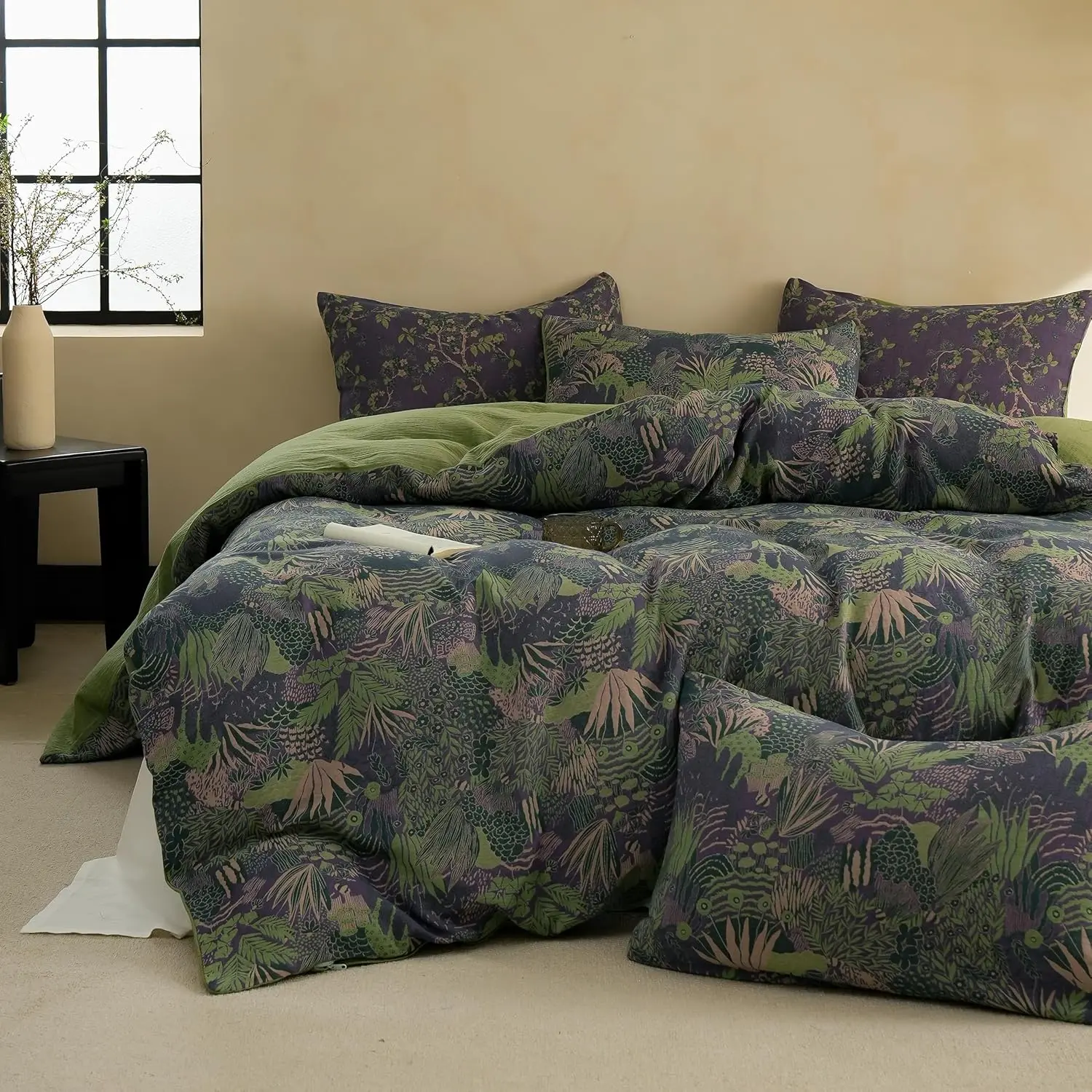 Simple&Opulence 3-Piece Muslin Duvet Cover Set - 100% Washed Cotton Yarn-Dyed Vintage Floral Jacquard Bedding, Soft Breathable Gauze Bed Comforter Set with Zipper Closure, Cooling Anti-Allergen Reversible Beauty Bedding, Ideal Gift, Cozy Setup