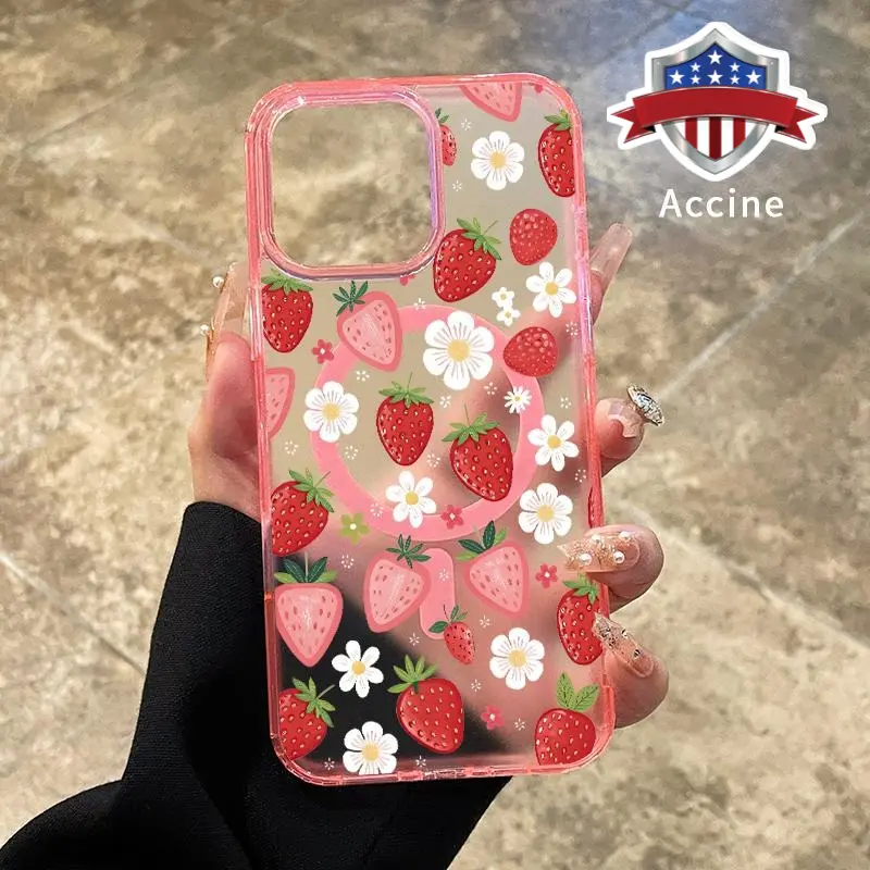Magnetic Soft Silicone Phone Case for iPhone 16 Pro Max,15 Plus,14,13,12,11,XS,XR,E - Strawberry Daisy Pattern, Transparent, Shockproof, Wireless Charging Support, Protection, Scratch Protection, Mobile Phone Casing Accessories, Smartphone