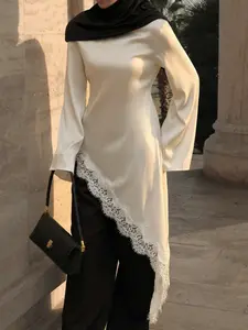 Muslim Patchwork Maxi Dress Women Long Sleeve Abaya Elegant Modest Kaftan Dresses Lace Trim Color Block Dress Islamic Dubai Turkey Style Loose Fit Evening Party Maxi Dress Ramadan Eid Clothing for Women