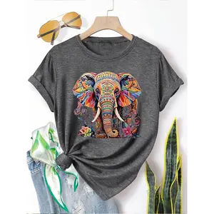 Women's Vibrant Elephant Print Short-Sleeve T-Shirt - Casual Retro Round Neck Top, Medium Stretch Clothes, Multiple Colors (S-XXL), Shortsleeve, Tshirt