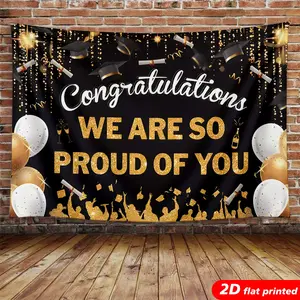 Black Gold Graduation Tapestry Wall Hanging, 2D Flat Printed with Balloons, Cap and Diploma, Smooth Backdrop for Graduation Party Decoration, Photo Booth, Grad Gift for Friends, Home Decor Room Decor Item