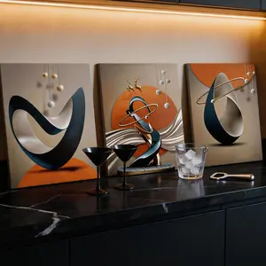 3Pcs/Set Teal & Orange Abstract Geometric Pattern Design Canvas Wall Art Set, Metallic Gold Accent Design Prints, Upscale Gallery Set, Modern Luxury Decor for Kitchen, Living Room & Neutral Spaces, 12X16in Framed