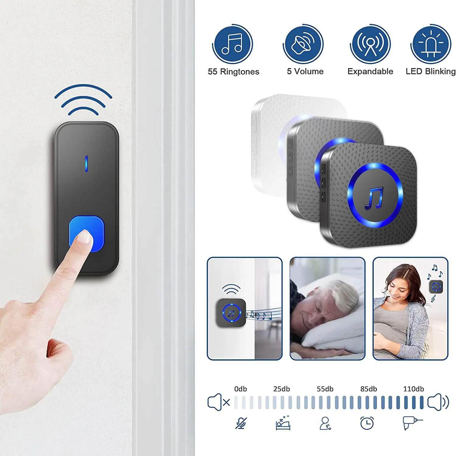 Wireless Doorbell, Easy installation, Waterproof, Adjustable Volume, 52 Chimes, 5 Volume Levels LED Flash, 1000Ft Range