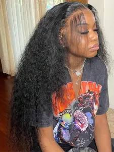 40 Inch 180% Density Deep Curly Wave Lace Front Wigs Human Hair 13x4 HD Lace Front Wigs Human Hair Glueless Pre Plcked Curly Human Hair Wig For Women With Baby Hair Wet And Wavy Wig Natural Color