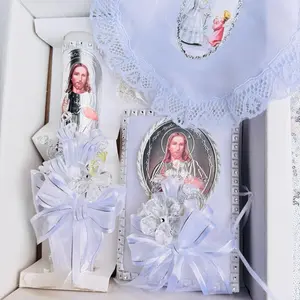 First Communion Candle Set with 8”Candle, Rosary, New Testament & Decorative Elements in Box for Boys and Girls English & Spanish Traditional