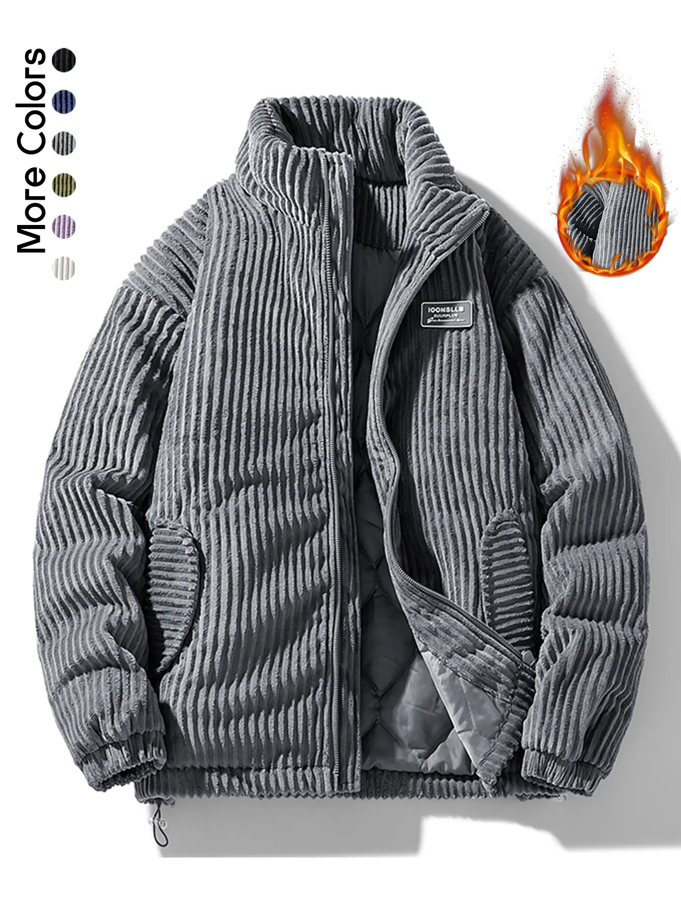 Men's Corduroy Puffer Jacket Stand Collar Full Zip Thick Warm Winter Padded Coat Casual Loose Fit Outerwear