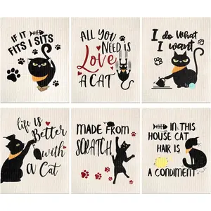 6 Pcs Funny Black Cat Swedish Kitchen Dishcloths, Reusable Sponge Swedish Cleaning Cloths Washable Dish Cloths Absorbent and Halloween Decorative Kitchen Towels Housewarming Gift for Bathroom