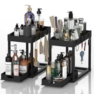 2 Pack Under Sink Organizer 2 Tier Bathroom Cabinet Organizer with Sliding Basket Multi- Purpose Storage for Bathroom Kitchen