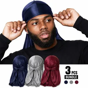 3PCS Silky Durag Bundle – Navy, Gray, Red / Black – Premium Wave Cap for Men – Breathable Hair Wrap for Waves, Braids & Dreads skull caps outdoorfun
