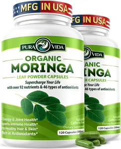 2-Pack Moringa Powder Capsules Organic - Pura Vida  Moringa Leaf. Energy, Metabolism, & Immune Support. 120ct. 500mg Caps. Supplement Healthcare