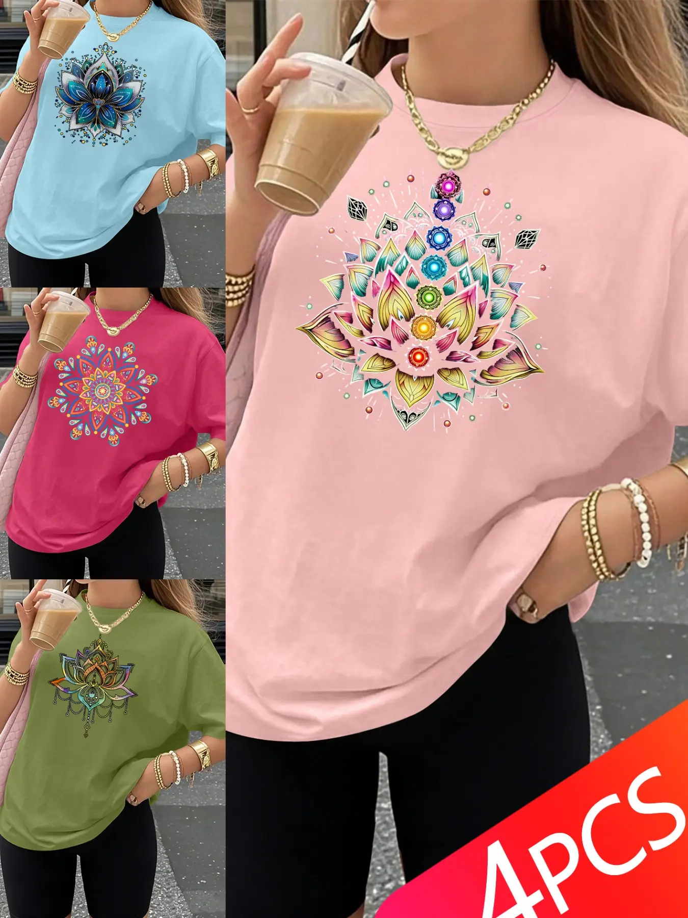 Women's 4-Pack Crew Neck T-Shirts, Lotus, Mandala & Chakra Lotus Print, Multiple Colors Available, Machine Washable, Spring & Summer Top, Soft Skin-Friendly Fabric, Daily Versatile, Casual, Fashion Design
