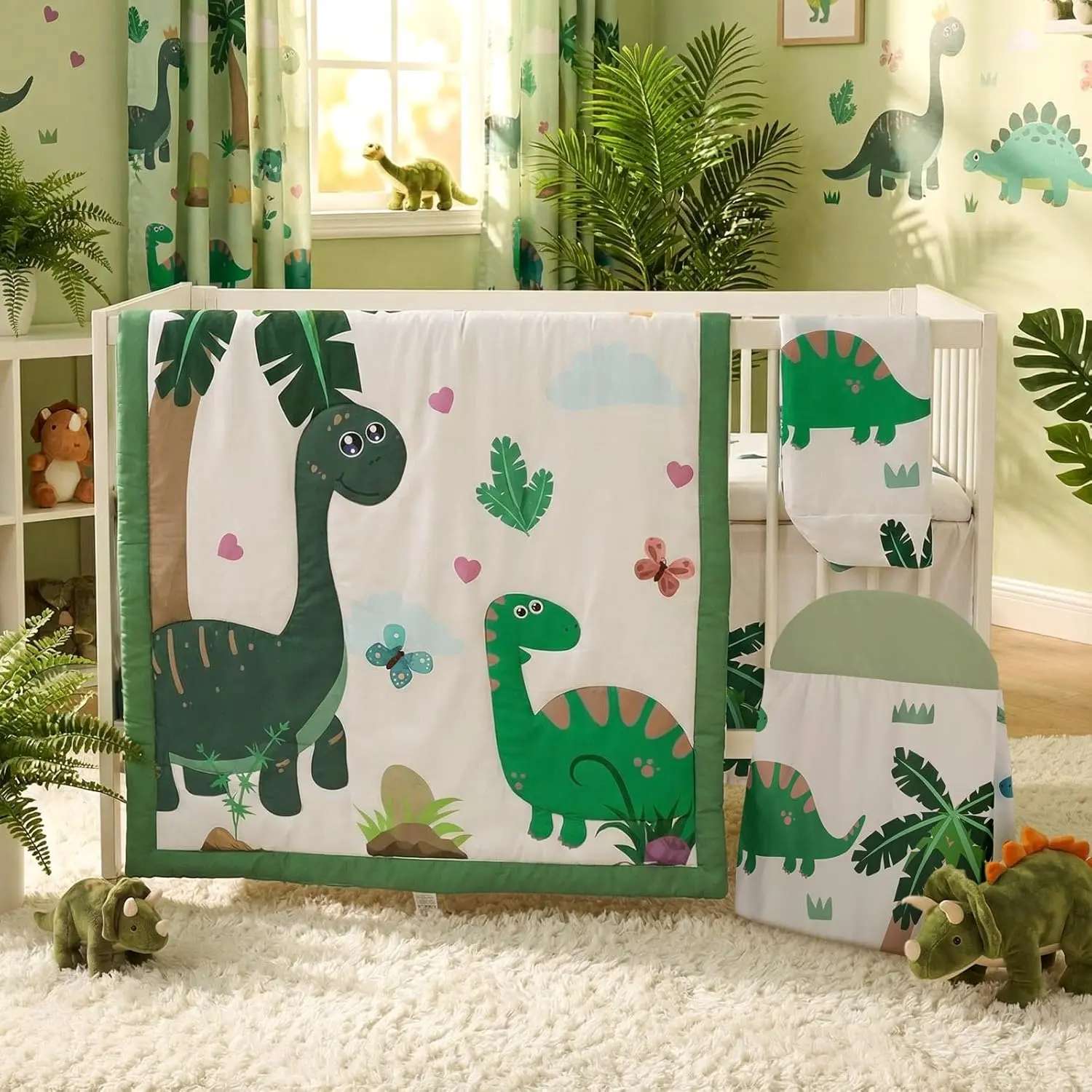 4 Piece Dinosaur Crib Bedding Set Green Blue Soft Standard Size Nursery Baby Bedding for Baby Girls and Boys Includes Crib Skirt Blanket Sheet Diaper Stacker