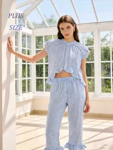 Women's Plaid 2-Piece Pajama Set – Long Sleeve Button Top & Straight Leg Pants, Comfortable Sleepwear Loungewear Womenswear plus size