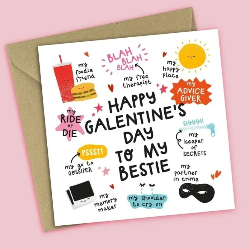 （1 Card with 1 Envelope）Bestie Galentine's Card - My Partner in Crime - My Foodie Friend - My Sidekick - My Advice Giver - Funny Galentine's Card for Friend