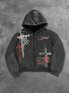 Men's Y2K Dark Aesthetic Saint Thorn Cross Zip Graphic Hoodie, Loose Vintage Jacket with Accents, Casual Street Style, Spring & Fall