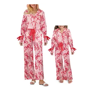 Mom and I match pajamas with bow print lapel long sleeved button up top and drawstring pants pajamas Christmas holiday pajamas 2-piece setRAIMENTRY