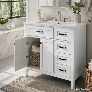 36" ARCH White Bathroom Vanity with Sink Combo - Solid Frame MDF Board Drawers Floor Cabinets, Multi-Drawer Wood-Finished Floor Cabinets (Old Sku:JL000007AAK-6)