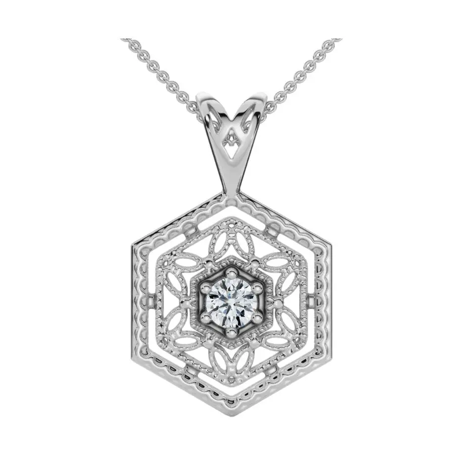 Solitaire EX3 Lab Grown Diamond Vintage Pendant 14K White Gold 17.65mm