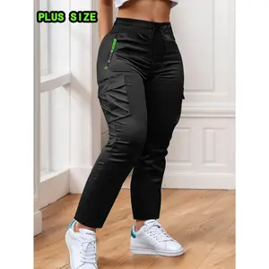 Plus Size Women's Multi-Pocket Zipper Workout Pants – Drawstring Elastic Waist, Breathable Hiking Straight Leg Trousers, Loose Slimming Cargo Style for Fitness, Running & Daily – Sizes 1X-5X