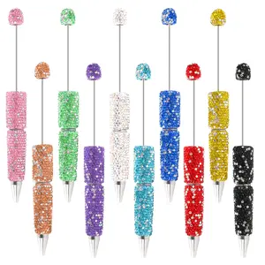 10pcs Glitter Beadable Pen Full Rhinestone Plastic Bead Ballpoint Pen Multicolor Fun Bling Retractable Beaded Writing Pen for DIY Craft Office Supplies Ballpen Set
