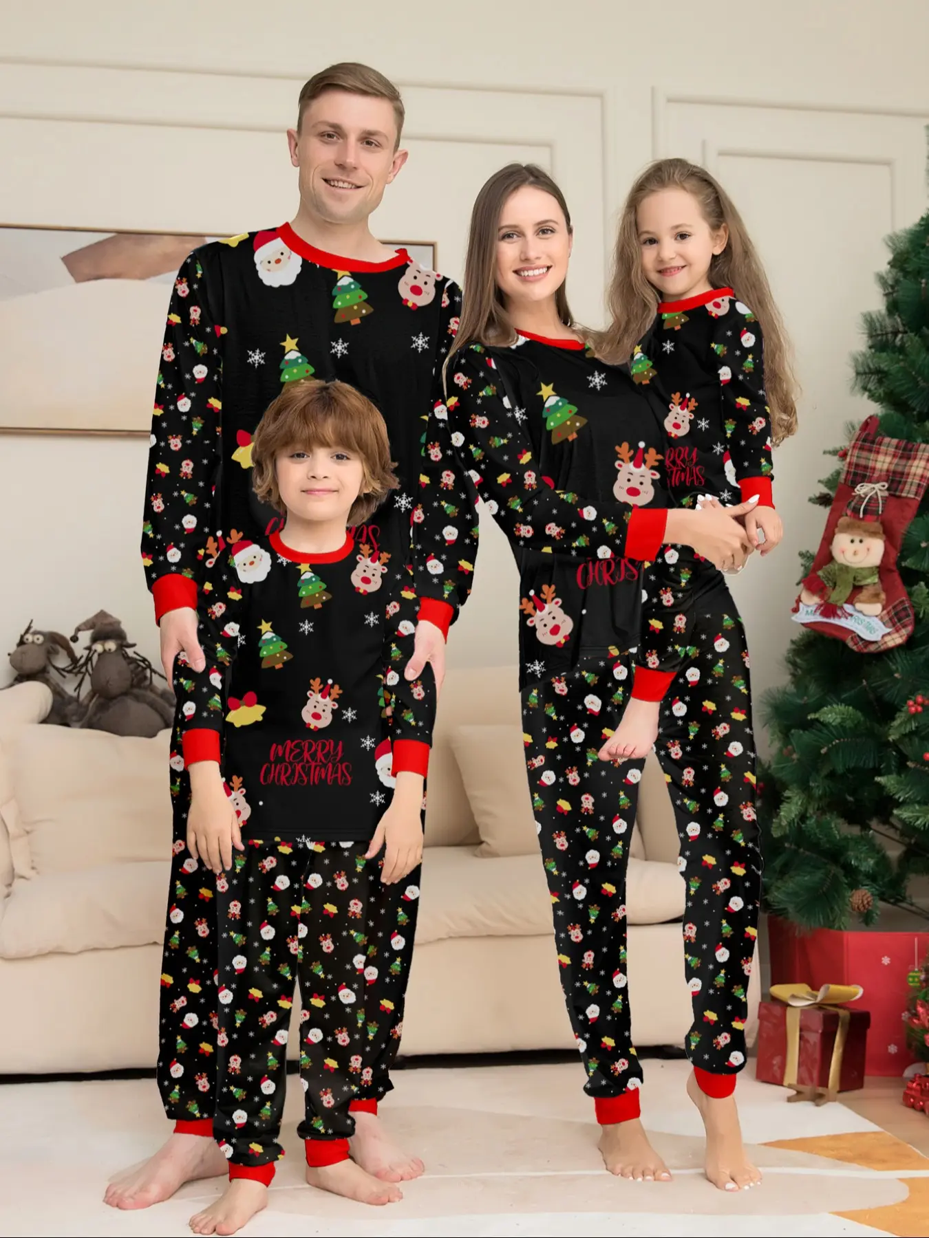 Christmas Dark Print Family Pajamas, Long Sleeve Santa Deer Tree Design, Soft Stretch Fabric, Fall & Winter Casual Wear, Unisex Adult Kids