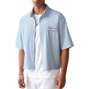 Men's Striped Button Down Up Cropped T Shirt Letter Graphic Flap Short Sleeve Collar Top