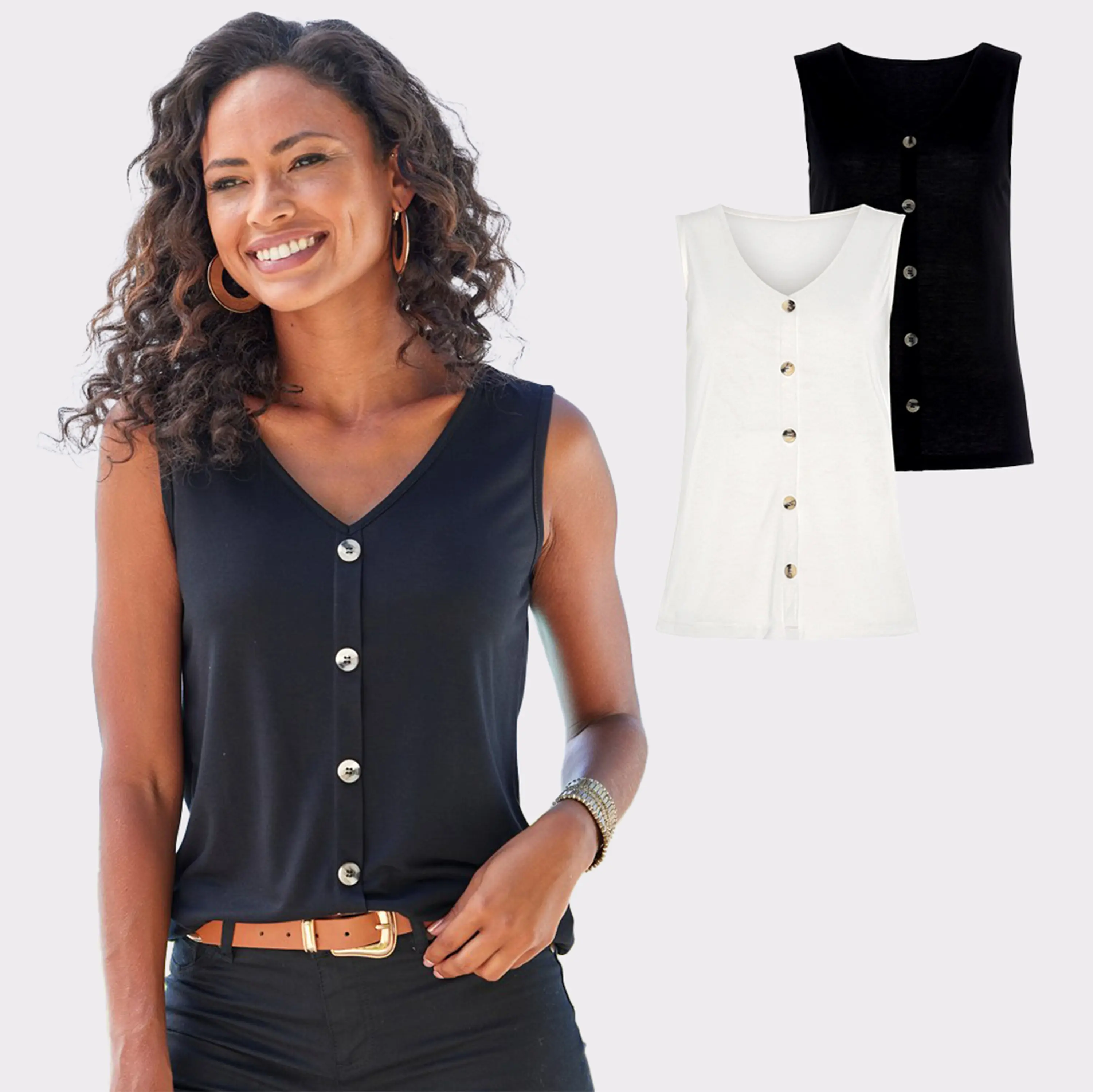 LASCANA Women's 2 Pk Button Detail Tank Tops