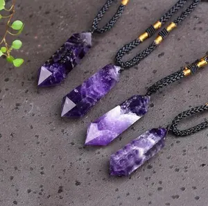 Natural Amethyst Crystal Hexagonal Point Pendant Healing Reiki Amulet Necklace