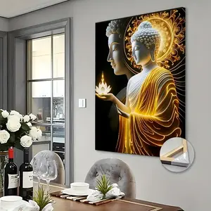 Elegant Buddha Statue Canvas Wall Art, with Wooden Frame, Candles and Lotus - Spiritual Light in Dark Decor for Living Room, Bedroom, Office, Zen Home Decor