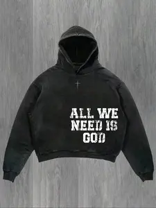 "All We Need Is God" Bible - Themed Graphic Vintage Hoodie, Trendy Streetwear with Faith Vibe, TikTok - Popular Fashion Item