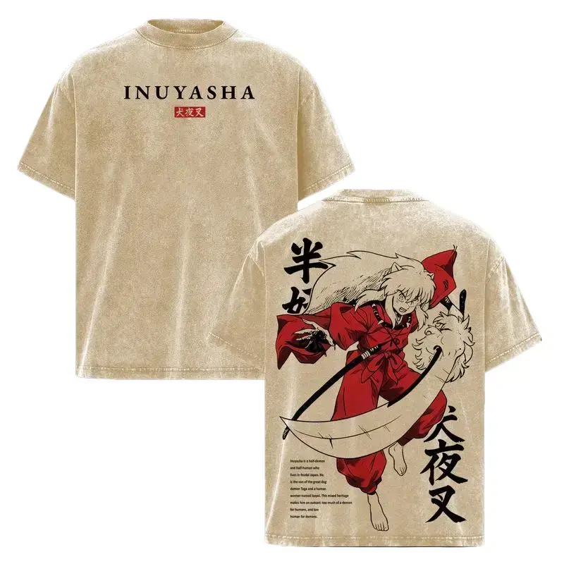 Inuyasha Half-Demon Hero Anime Oversized Heavy Cotton T-Shirt - Menswear Casual Classic Seamless Short-Sleeve Double-Printed Unisex Top, Shortsleeve