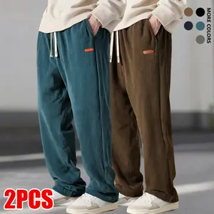 Men's loose straight cool mid-rise stretch drawstring side pocket corduroy casual pants with elastic drawstring waistband - machine wash comfortable suitable for everyday wear