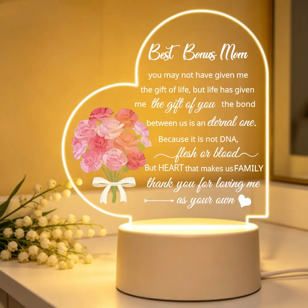 Heart Shaped Acrylic LED Night Light - Decorative Lights, Ambient Lighting Bedroom, Desktop Decor - Heartfelt Gift for Stepmom with Warm Quotes for Mother's Day