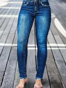 Women's Mid-Waist Slim-Fit Denim Jeans Pants, Stretchy High-Rise Butt-Lift Design, Frayed Hem, Sexy Style, Button Fly Closure, All Seasons