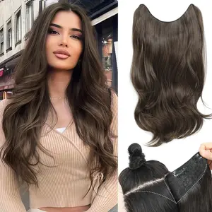 UDU 20 inch clear invisible wire synthetic hair extensions with 5 retaining clips adjustable invisible wire headband, long hair wavy curly women's beginner invisible hair extensions