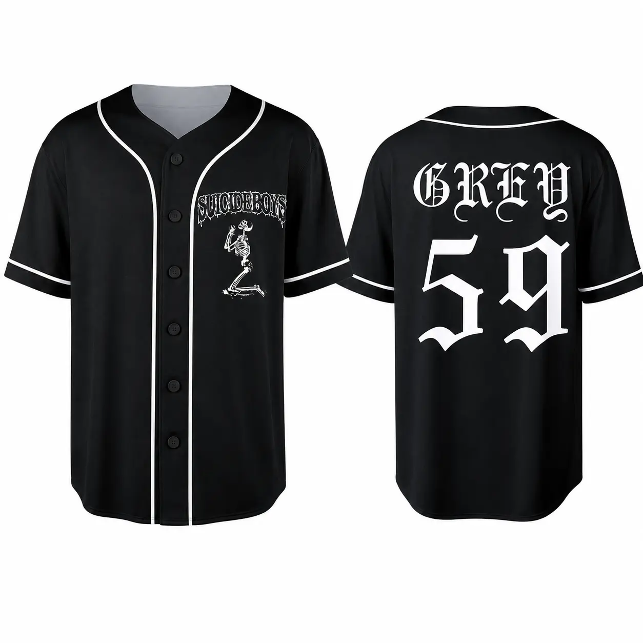Suicideboys Grey 59 Baseball Jersey for Men and Women, Gothic Hip Hop Rap Graphic Button Down Shirt, Black and White Skeleton Streetwear, Two Sided Concert Fan Outfit, Gift for Music Lovers, Boyfriend and Girlfriend, Trending 2026, Unisex Style