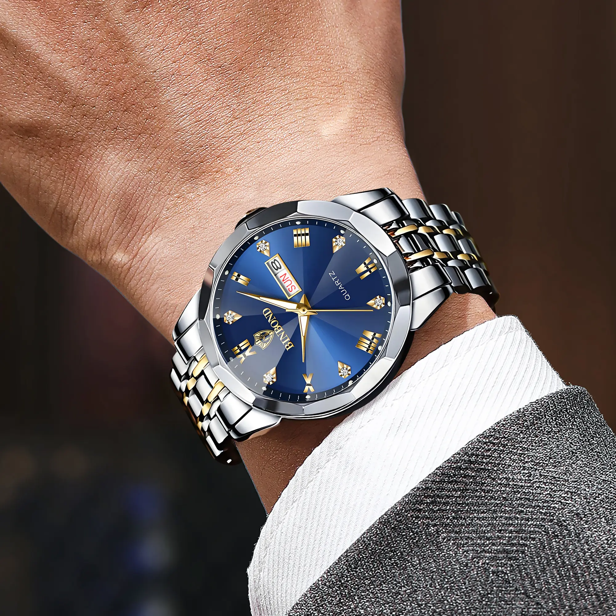 BINBOND -- Authentic Men's Watch Fashion Business Watch Stainless Steel Waterproof Luminous Date Watch Luxury Men's watch 9931 Reloj de cuarzo para hombre