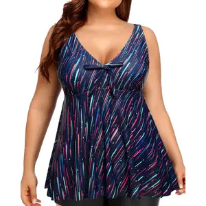 Yonique Women's Plus Size V-Neck Flowy Long Tankini Top - Modest Swimwear for Sports & Outdoor Activities