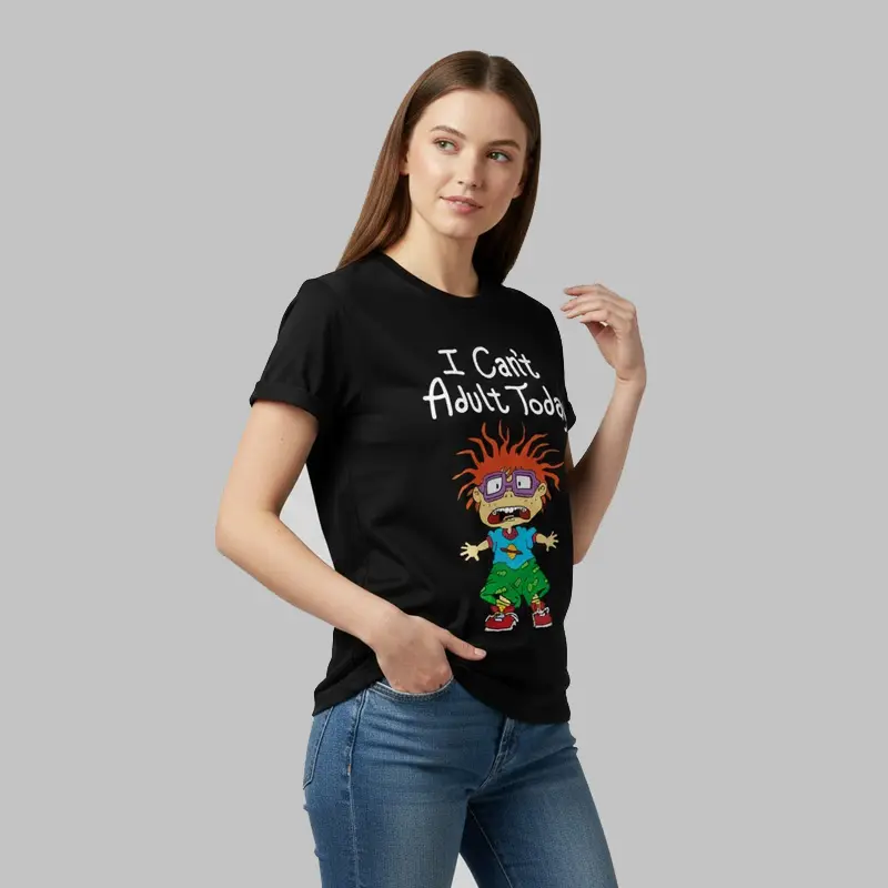 Women's Oversized Retro 90s "I Can't Adult Today" Rugrats Graphic T-Shirt - Round Neck, Short Sleeve Cotton Blend Unisex Casual Streetwear Top, CVCC, H-Type, Casual Tops, Cotton Blend Fabric, Ideal for Thanksgiving, Easter, Valentines Day