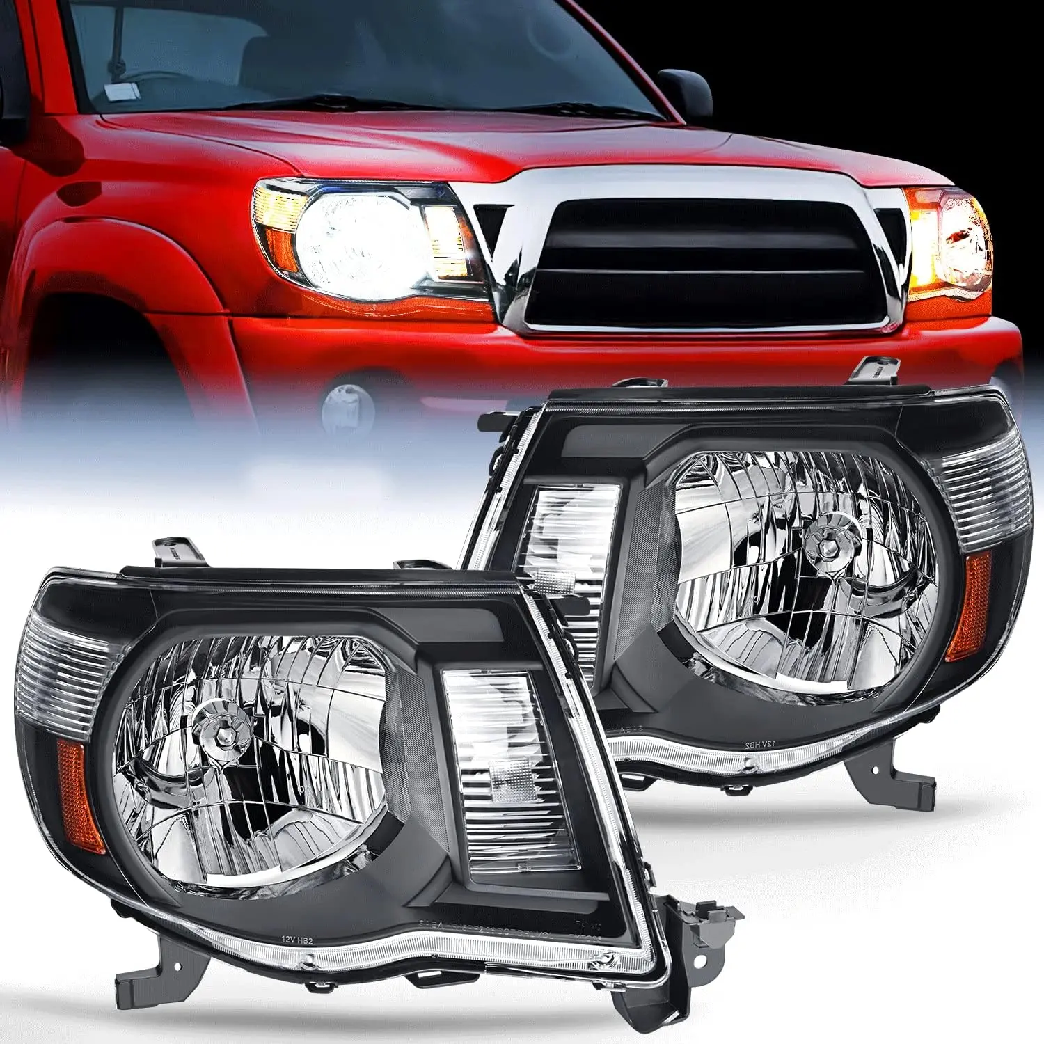 Nilight Headlight Assembly for 2005-2011 Toyota Tacoma, Black Housing, Amber Reflector Replacement Headlamp, H4 Bulbs, Headlight Waterproof